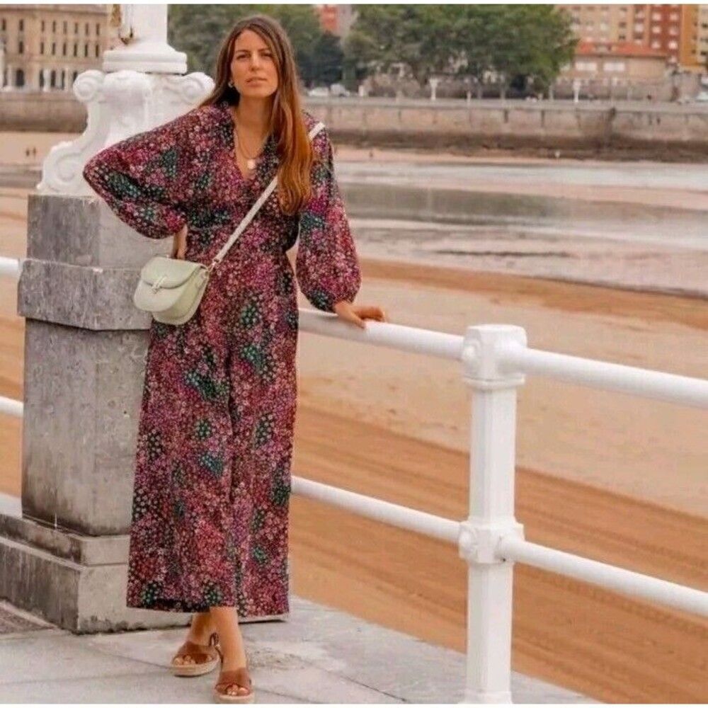 Zara Multicolored Floral Wide Leg Balloon Sleeve Jumpsuit Women's Size XS